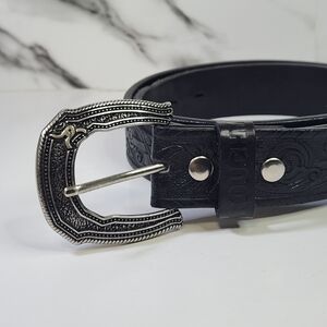 Roughy Genuine Leather Belt Black with Intricate Silver Buckle 38